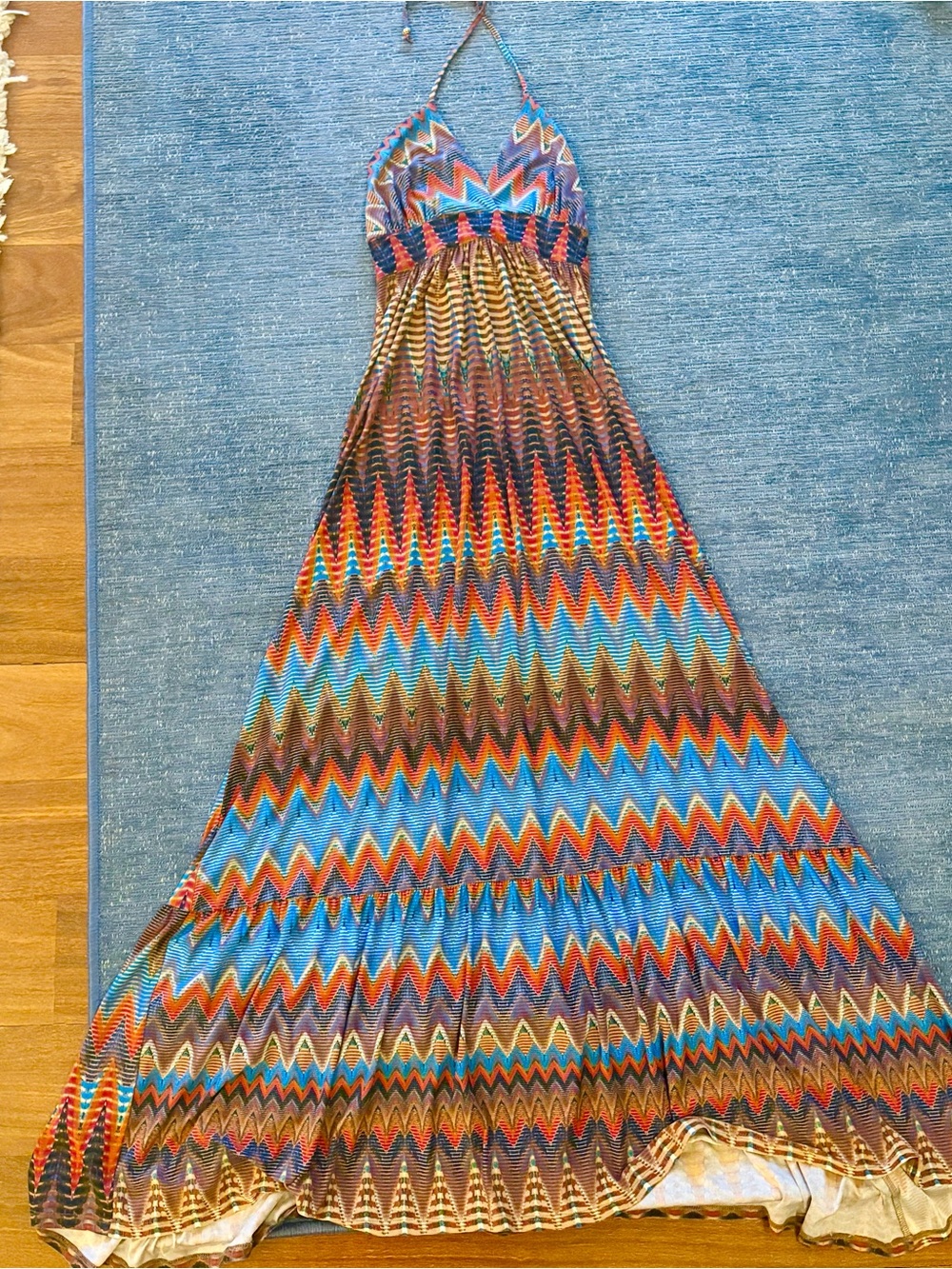 Veronica M: Multi-Color Zigzag Halter Maxi Dress
